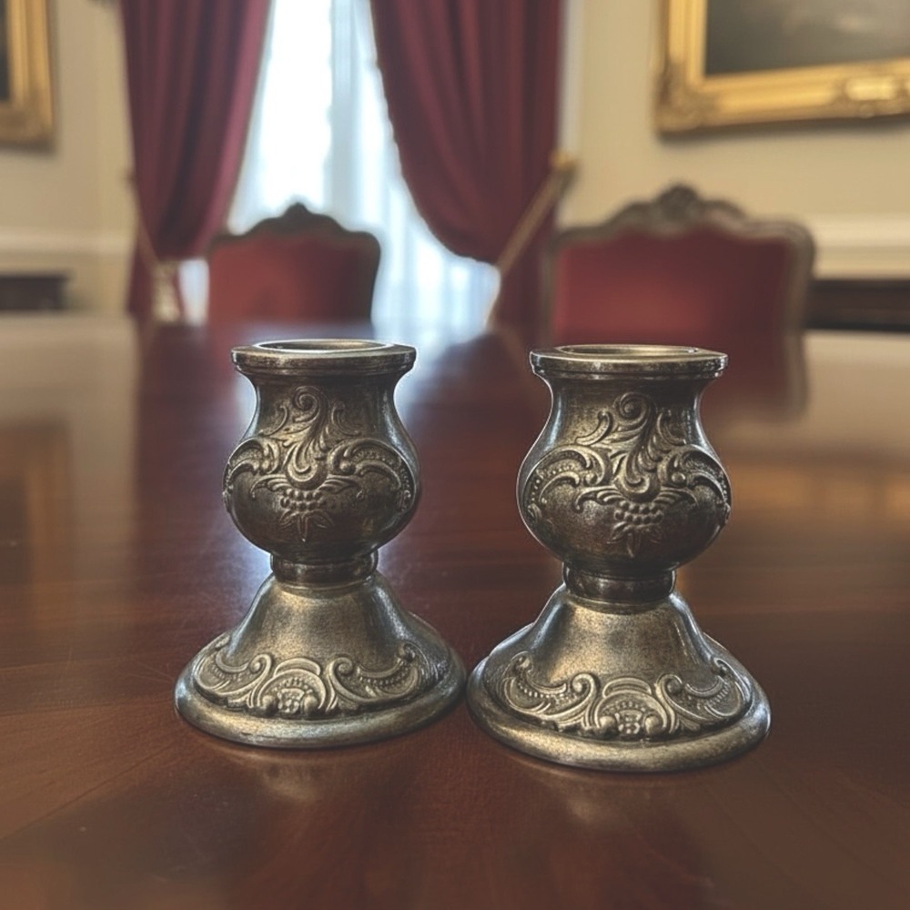Vintage Baroque Wallace Ornate Silver Plated Candle Holders 736, 3" Tall